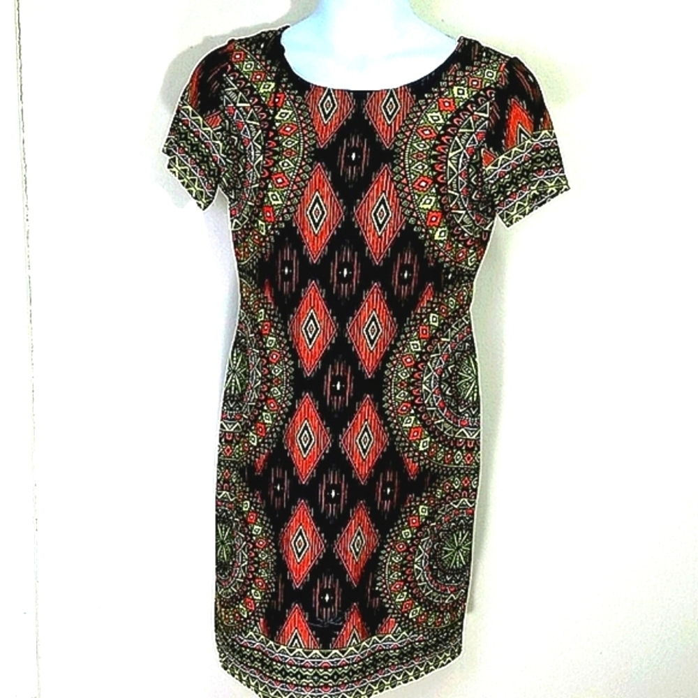 Riley Dress short sleeve Sheath bodycon neon stretch orange yellow black geometr